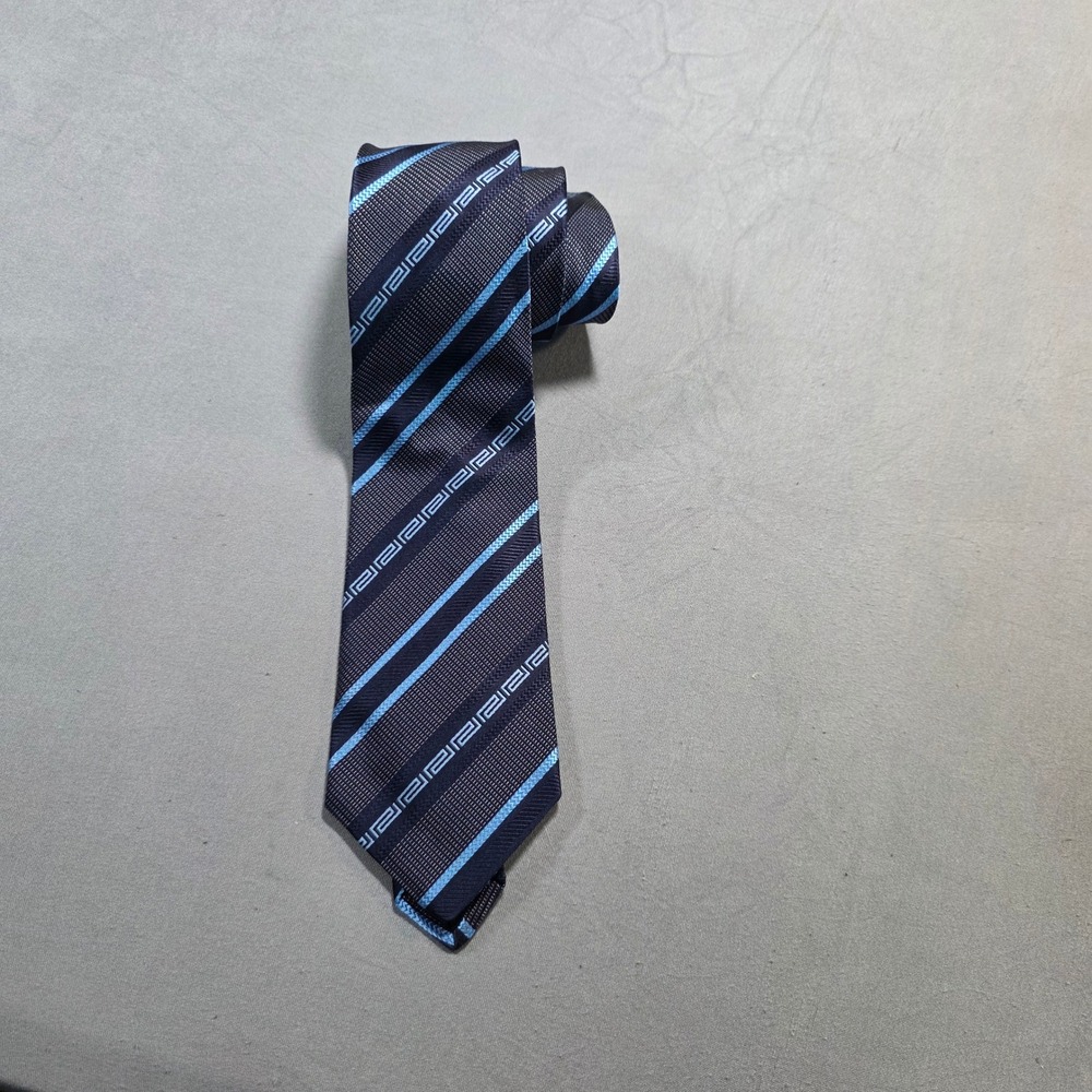 Versace Mens Silk Tie Navy Blue Light Blue Striped Greek Key‎ Medusa Head Italy
